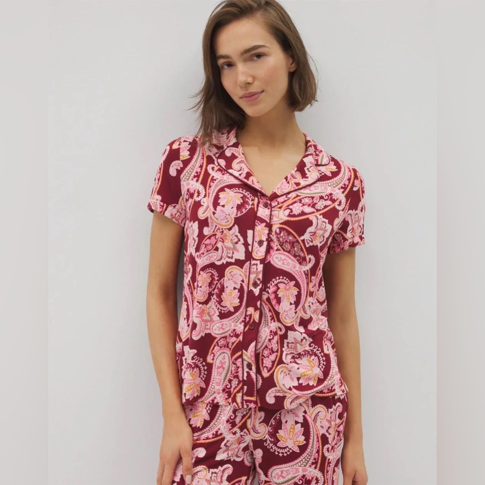 Soma Cool Nights Short Sleeve Collar Pajama Top - Kashmir Paisley KISS - L - NWT